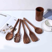Ensemble d'ustensiles de cuisine en bois de teck : Cuillère, Spatule, Spatule ajourée, Écumoire, Cuillère à pâtes, Ustensiles à long manche compatibles antiadhésifs