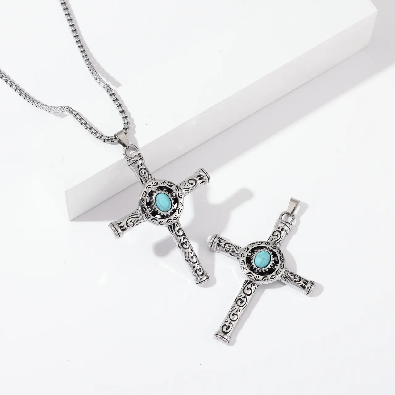 cross necklace pendant Mens retro Inlaid blue gemstone Vintage Retro Jewelry