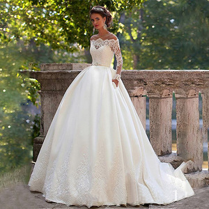 Off The Shoulder Wedding Dress Long Sleeves Ball Gown Empire Waist White Organza Lace Vintage Plus Size Bridal Gown - Product Image 1