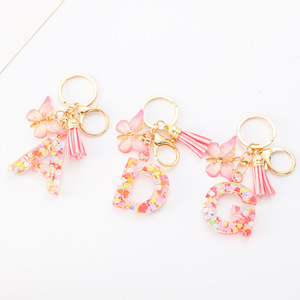 Portachiavi <span class=keywords><strong>Rosa</strong></span> con Paillettes in Resina, Design Anime Carino con 26 Lettere, Farfalla e Nappa, Ecologico, Fai da Te, per Regalo, Borsa, Chiavi Auto, Telefono - Product Image 2