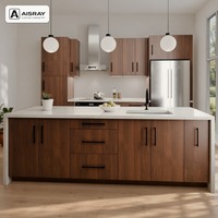 Armoires de cuisine personnalisées en placage de bois au design moderne, avec îlot central, options de rangement coulissants et livraison en kit