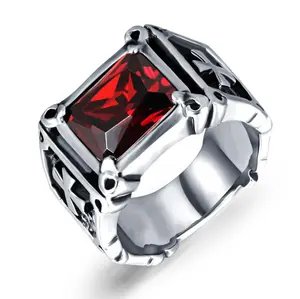 Punk Style Fashion High Grade Vintage Stainless Steel Red AAA Cubic Zirconia Rings Silver Jesus Cross Men's Ring With Stone