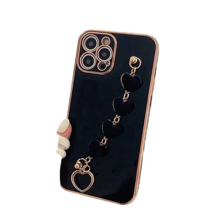 Mobile Phone Bags Hot INS Heart Wristband Luxury Plating Shockproof Soft Bumper Phone Holder Case For iPhone 11 12 13 14 Pro Max 7 8 Plus XS XR X