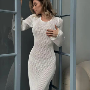 WD16 Gebreide katoenen sexy clubjurk met empiretaille, split, effen maxi-avondjurk, open rug, bohemian zeemeerminsilhouet - Product Image 1