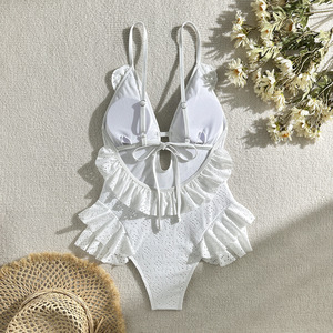 TW Color Sólido Pequeño Fresh Floral Fly Edge Una Pieza Traje de Baño Bikini - Product Image 4