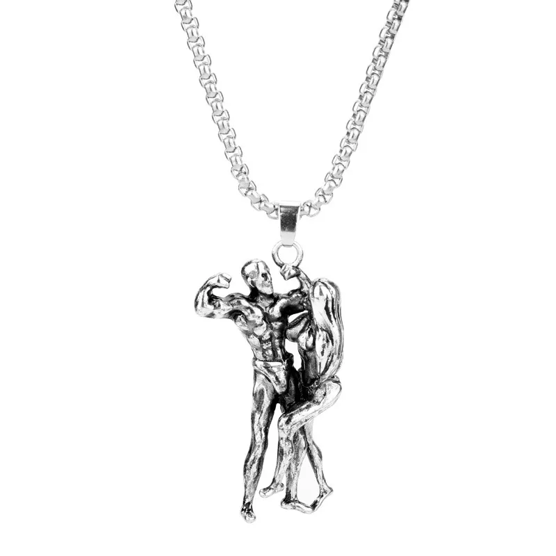 Muscular Man & girl Charm Vintage Pendant & Necklaces Stainless Steel Sports Fitness Sportsman Necklace for Men Gym Jewelry
