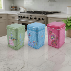 Juego de cajas cuadradas de lata de 105x105x160mm (Juego de 3) Armonía floral con pájaros en diseño geométrico verde floreciente - Product Image 3