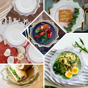 Platos de plástico transparente de 13 pulgadas con diseño de plantas, estilo americano, platos redondos transparentes para la cena con borde dorado - Product Image 6