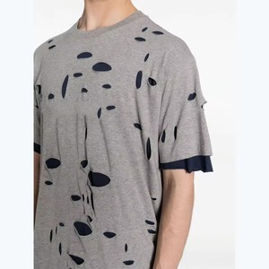 Custom Distressed Oversized T <b>Shirt</b> Raw Edge Light Acid Wash Oversized Down Shoulder Tee <b>Patchwork</b> T <b>Shirt</b> For Men - Product Image 3