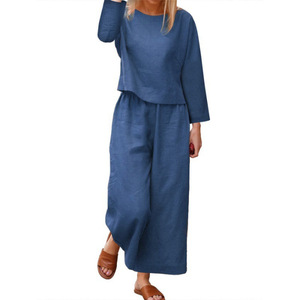 Women's Long-Sleeve Crew Neck Top & Wide-Leg Pants Solid Color Casual 2-Piece <b>Set</b> Fashion - Product Image 5
