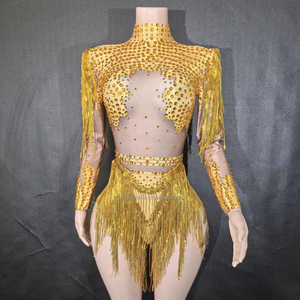 Costume de ballet jaune brillant à franges et fente haute pour chanteuse, robe de scène sexy pour spectacle de bar, costumes de performance - Product Image 1