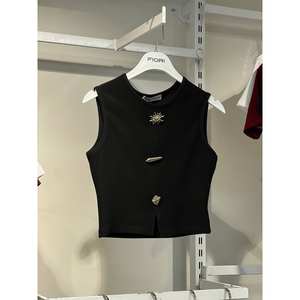 Débardeur sans manches en tricot Fiori pour femme, noir, avec détails boutonnés décoratifs et accent soleil - Product Image 1