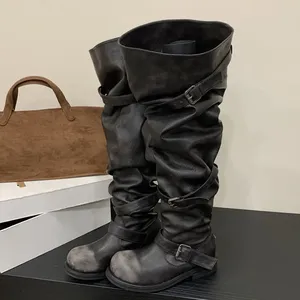 <span class=keywords><strong>Nuovo</strong></span> <span class=keywords><strong>Design</strong></span> Stivali Sopra il Ginocchio da Donna con Punta Rotonda, Stile Punk, Cinturino con Fibbia Plissettata, Tacco Basso Quadrato, Autunno Inverno - Product Image 4