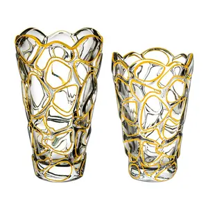 Luxury Home Decorative Crystal Glass Vase with Golden Stone Design Modern Unique Shape Flower Vases Wedding Party Flowers Gifts