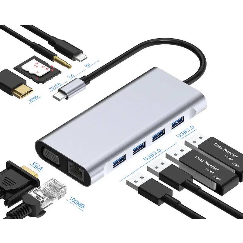 RJ45 PD зарядки телефона док-C для оптоволкна вай-алюминиевый SD устройство для считывания с tf-карт 11 в 1 Тип C концентратор Usbc Type-c Usb 3,0 концентраторы для Ipad