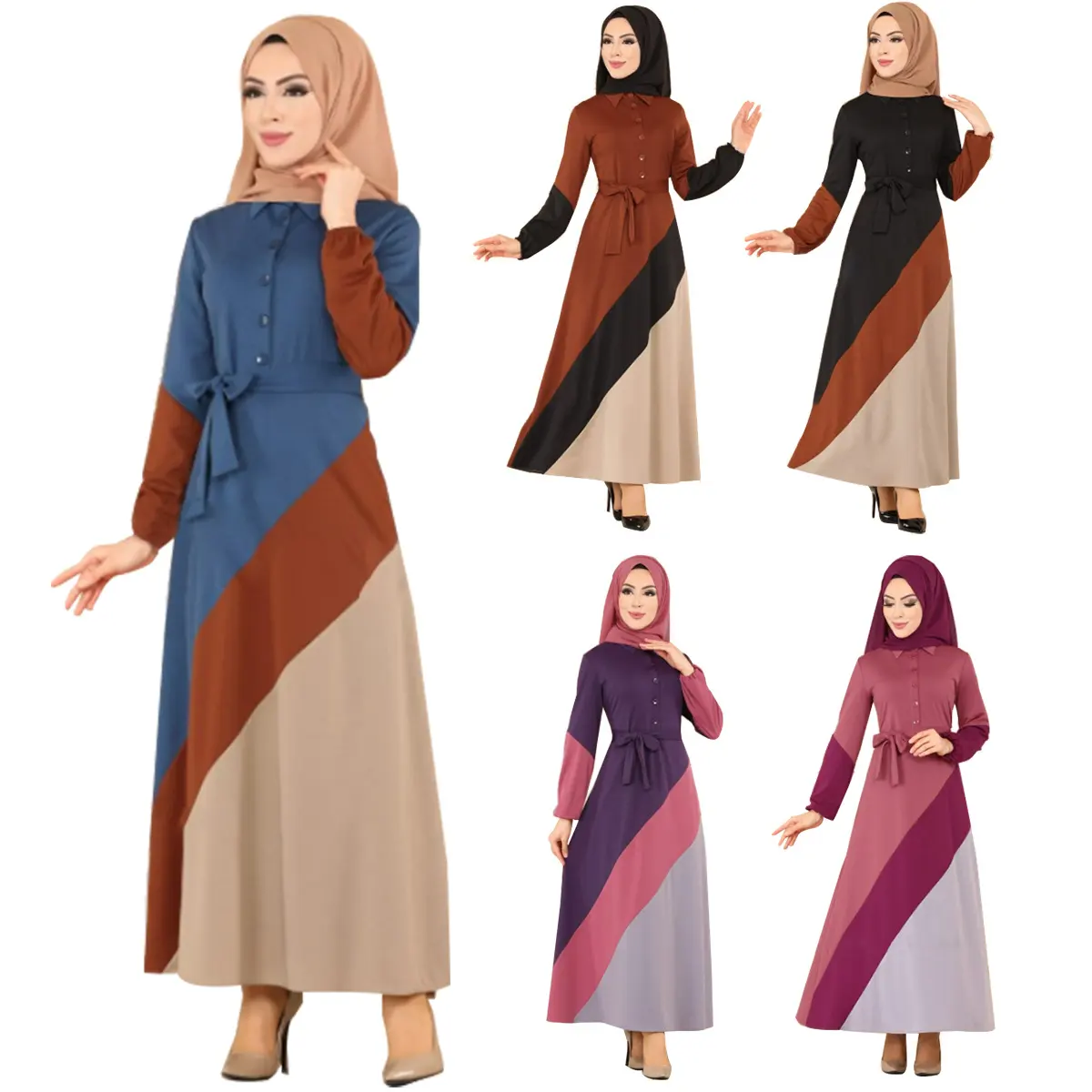 2021 nuevo diseño elegante 4xl plus tamaño de cintura alta botón vestido de las mujeres musulmanas abaya con contraste de color