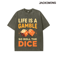 T-shirt en coton oversize délavé avec imprimé dés 'Life Is a Gamble', style streetwear rétro, décontracté pour le quotidien, vente en gros depuis l'entrepôt américain