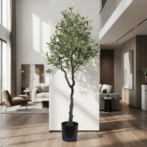 Albero di Ulivo Artificiale Realistico di Grandi Dimensioni 180-280 cm con Frutti Neri, Pianta Finta con Vaso per Decorazione Interna, Personalizzabile 5ft 6ft 8ft 9ft - Product Image 1