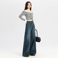 Jean large taille haute bleu foncé pour femme, style décontracté, polyvalent, avec poches et boucle à deux broches, en denim, vente en gros