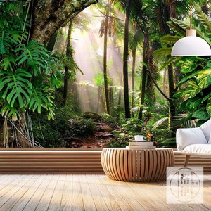 Carta da parati foresta impermeabile foresta pluviale tropicale sud-est Asia pianta della giungla murale legno verde tessuto da parete natura sfondo - Product Image 1