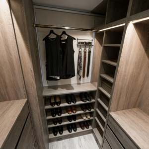 Balom Custom Light Wood Corridor Walk in <b>Wardrobe</b> With Skylight Natural Light and Minimalist Storage Design - Product Image 2