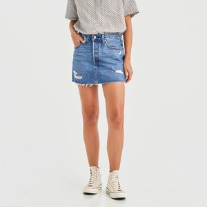 Minifalda Vaquera Personalizada para Mujer, 100% Algodón, Lavado Desgastado, Azul Claro, Rota, Cintura Alta - Product Image 1