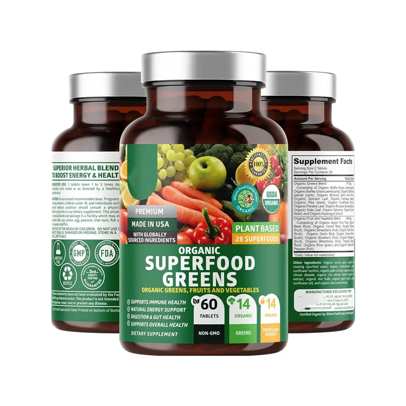 Suplemen buah dan sayuran alami hijau makanan super organik Premium dengan Alfalfa, akar bit dan jahe untuk meningkatkan energi
