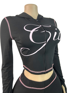 Ensemble de survêtement pour <span class=keywords><strong>femme</strong></span> Gia Hot Sell Spring, sweat à capuche zippé, haut court à manches longues, veste et pantalon, ensemble 2 pièces pour <span class=keywords><strong>femme</strong></span> - Product Image 5