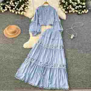 Winter Casual 2-Piece Set Women Lantern Sleeve Crop <b>Top</b> High Waist Patchwork Lace Woven Breathable Anti-wrinkle Skirts Wholesale - Product Image 3