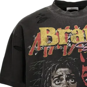 تي شيرت غسول حمضي بحافة خام تي شيرت ثقيل جي إس إم تي شيرت متوتر تيري تي شيرت DTG حجر الراين مع محبوك - Product Image 4