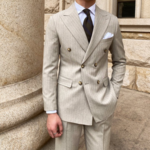 Herren High-End Naples Gestreifte Anzüge mit Faltenfront Business Slim Fit Set Reißverschluss Atmungsaktiv Spitzkragen Anzug - Product Image 1