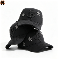 Topi Baseball Hitam Motif Camo dengan Patch Huruf Berhias Berlian Imitasi dan Aplikasi Bintang, Pinggiran Melengkung, Gaya Streetwear, Grosir