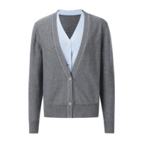 Cardigan en tricot à col en V pour femme, deux pièces, avec passepoil contrastant, boutons en strass, manches longues, gris, vêtement d'extérieur en tricot