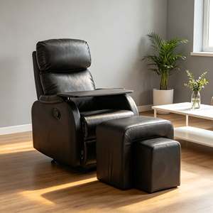 Schwarzer Leder-Relaxsessel mit Manueller Verstellung, Drehbarem Beistelltisch, Abnehmbarem Aufbewahrungshocker und Ergonomischem Design für Zuhause - Product Image 1