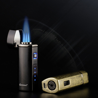 Briquet torche triple jet GUEVARA en métal coupe-vent avec indicateur de niveau de carburant LED, personnalisable avec logo, idéal pour homme, cadeau d'affaires
