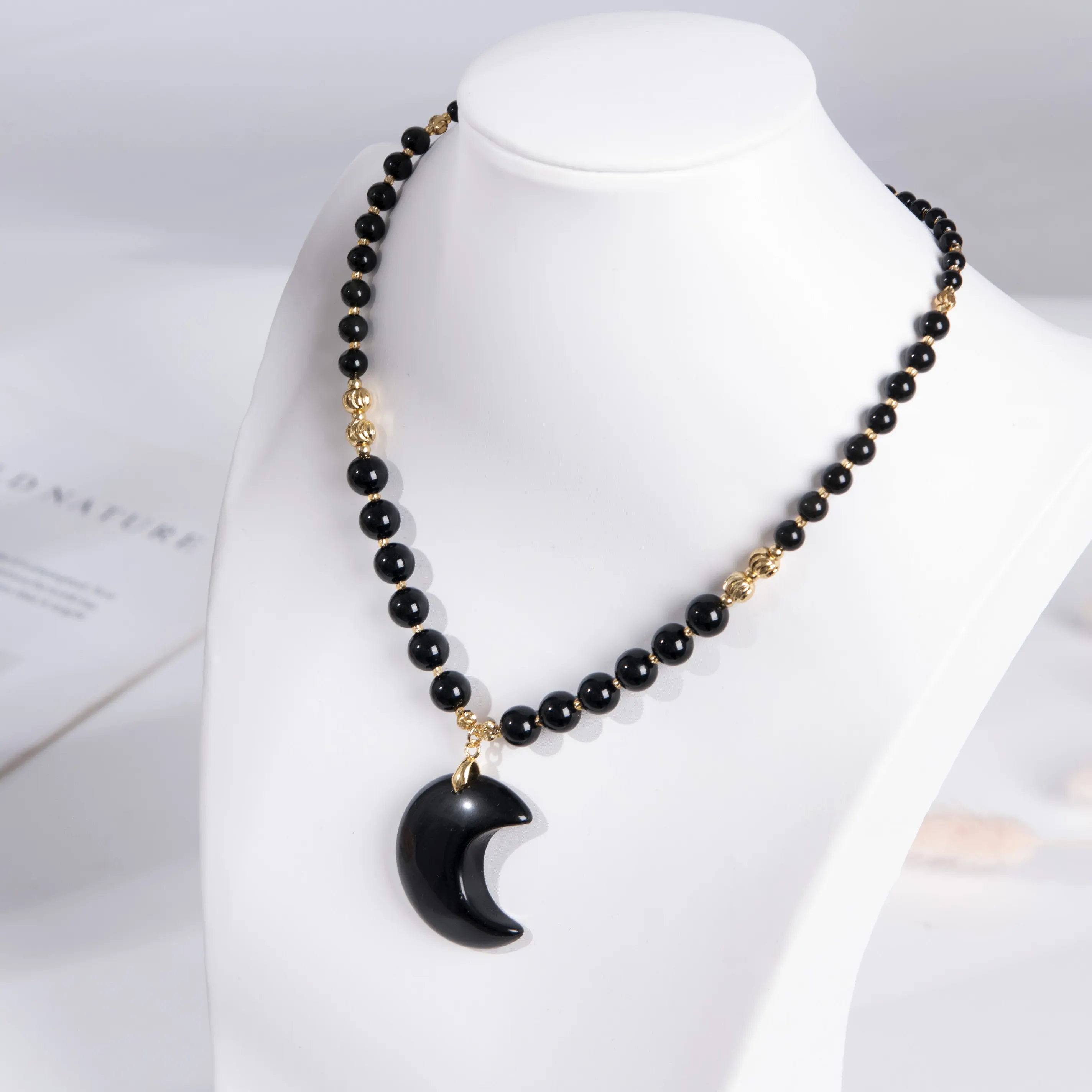 Wholesale beads necklace 4+6+8mm natural black onyx gold plated stainless steel bead moon shape pendant necklace