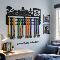 Support mural personnalisé en métal pour médailles avec rangement pour trophées et rubans, plaque nominative gravable