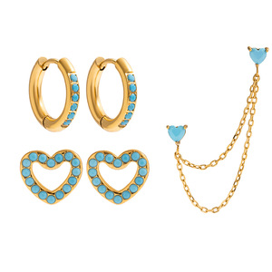 Ensemble de boucles d'oreilles plaquées or en forme de cœur avec pierres turquoise bleues pour femmes, bijoux cadeau - Product Image 5