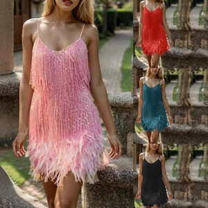Robe de cocktail respirante à col en V et taille naturelle, ornée de paillettes, de plumes et de patchwork, pour femme, mode estivale - Product Image 1