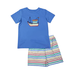 Conjuntos de Shorts de Verano Personalizados con Diseño de Velero Oceánico para Niños, Pelele de Burbuja para Bebé, Ropa Infantil a Juego para Hermanos, Venta al por Mayor, Nuevos Estilos - Product Image 3