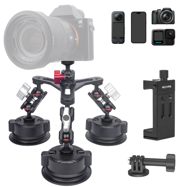 360 Rotating Triple Suction Mount Aerospace Aluminum 55LB Load Flexible Waterproof for DSLR/Action Cam/Smartphone Car Rig