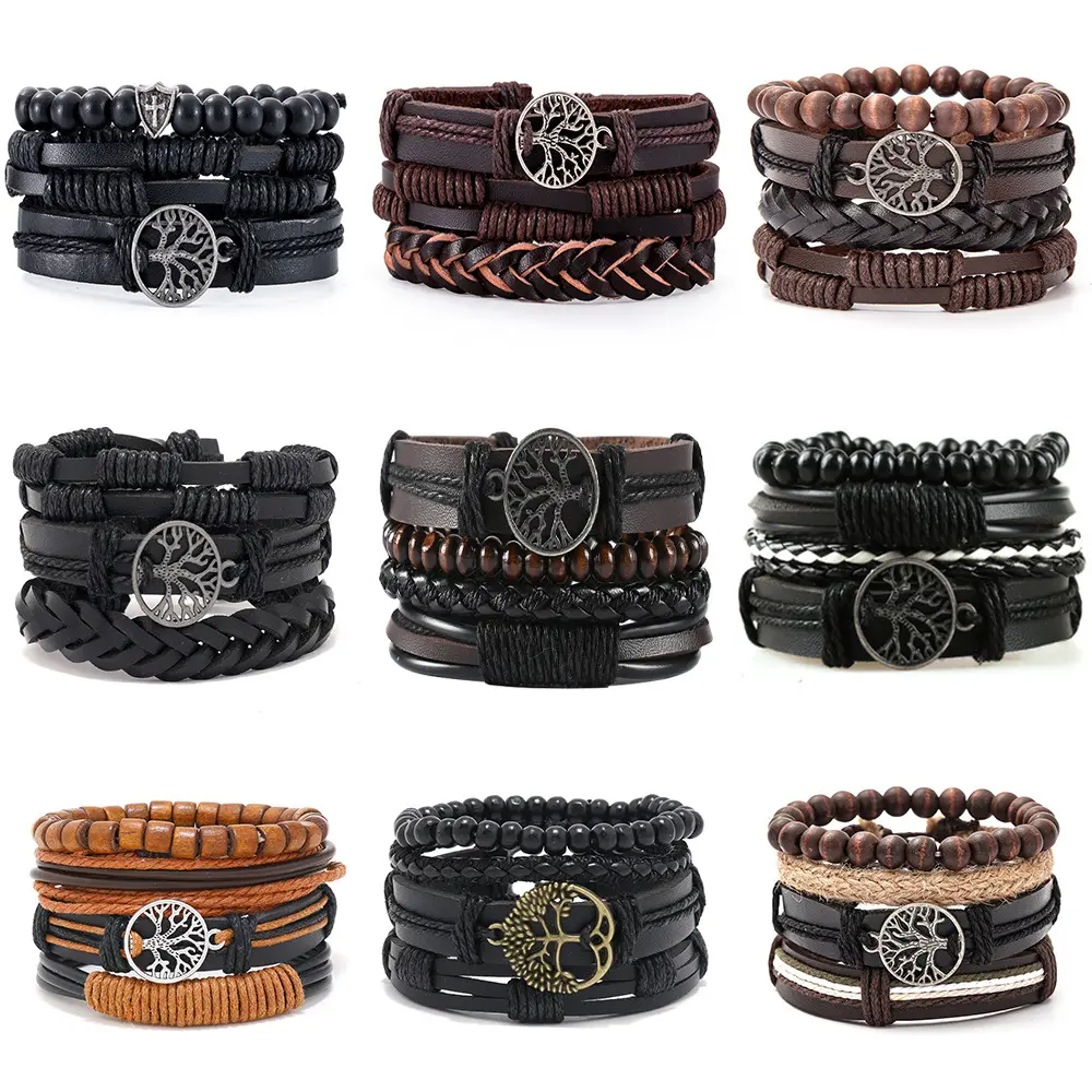 Mannen Armbanden Vintage Meerlagige Lederen Vlecht Armbanden Armbanden Ster Blad Uil Handgemaakt Touw Wrap Armbanden Mannelijk Cadeau