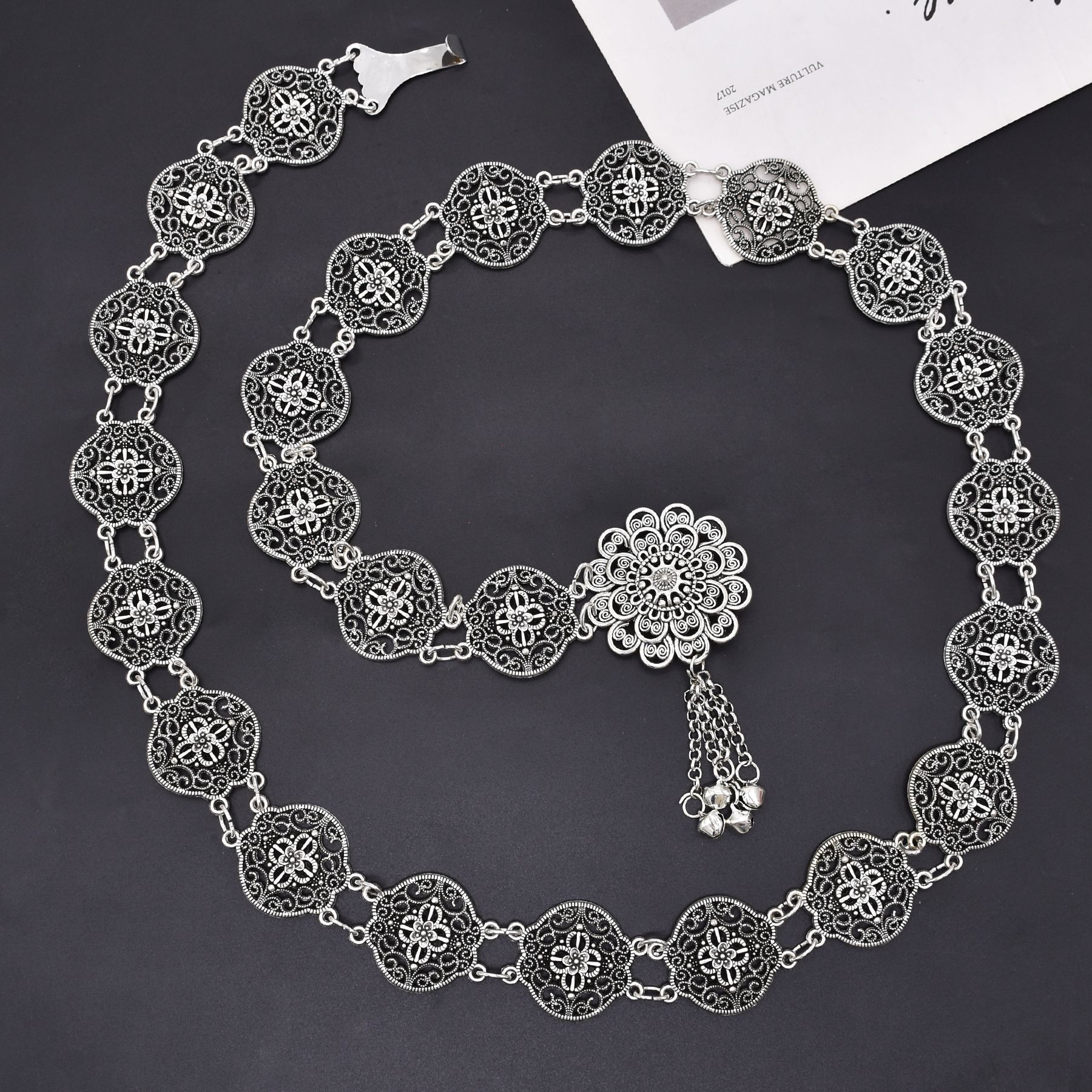 Bohemian Silver Plated Carved Flower Bell Tassel Dance Waist Chain