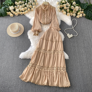 Traje de dos piezas <span class=keywords><strong>Blusa</strong></span> de manga farol <span class=keywords><strong>con</strong></span> cuello levantado y ribete de encaje para mujer + Conjunto de <span class=keywords><strong>falda</strong></span> escalonada de cintura alta-Conjunto elegante de dos piezas para mujer - Product Image 3