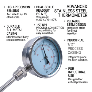 Termómetro Industrial de Acero Inoxidable Resistente a Impactos, Diferentes Tipos de Termómetros Bimetálicos Industriales de 0-100 Grados Celsius - Product Image 3