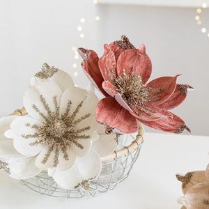 Velvet Artificial Glitter Magnolia Flowers Christmas Poinsettia Ornaments Christmas <b>Tree</b> Magnolia Flowers for Xmas - Product Image 2