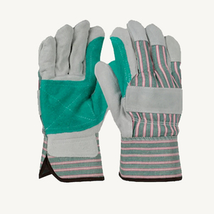 Gants de travail pour mécaniciens en cuir croûte double paume vert-gris, avec dos en toile - Product Image 1
