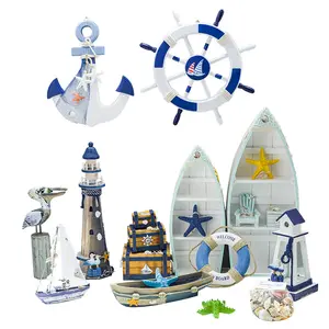 派对家居装饰地中海风格海洋航海木制蓝色帆船木制工艺品摆件海洋玩具