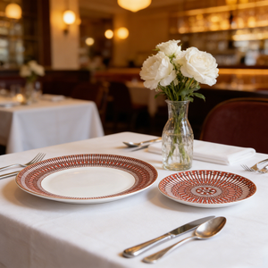 Juego de platos de porcelana roja y blanca estilo Art Deco con borde dorado, platos decorativos para cenar, para decoración de mesa en bodas y restaurantes. - Product Image 4