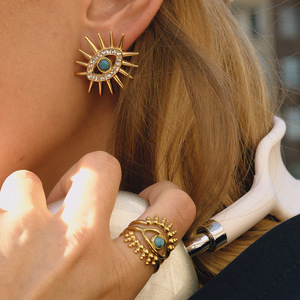 Ensemble de boucles d'oreilles et bague Evil Eye, en acier inoxydable plaqué or 18 carats, design géométrique à pointes, pour femmes, bijoux tendance - Product Image 1